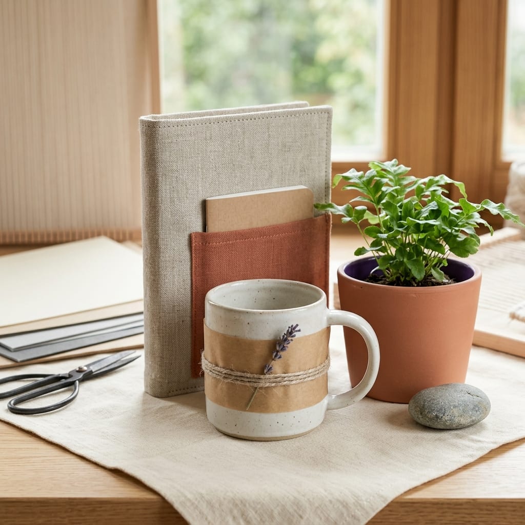 Propozycja prezentu dla nauczyciela: mocna filiżanka ceramiczna, lniany pokrowiec na książkę, mała roślina w prostym garnku i papier woskowy — praktycznie i z umiarem.