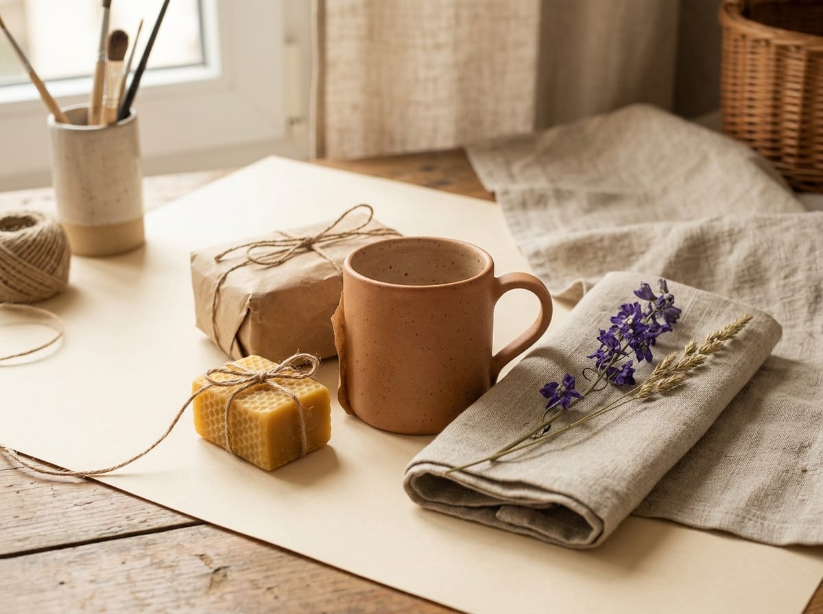 Klimat prezentu handmade bez markowania: papier pakowy, sznurek, mała ceramika, świeca z wosku pszczelego i len — dopasowanie przedmiotu do osoby.